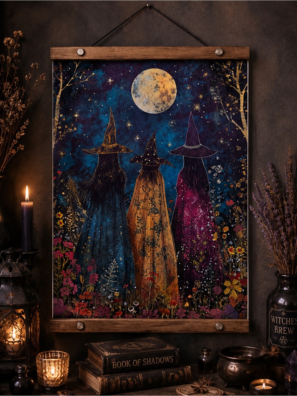 Hanging canvas wall art on a wooden canvas hanger witchy spooky Halloween decor